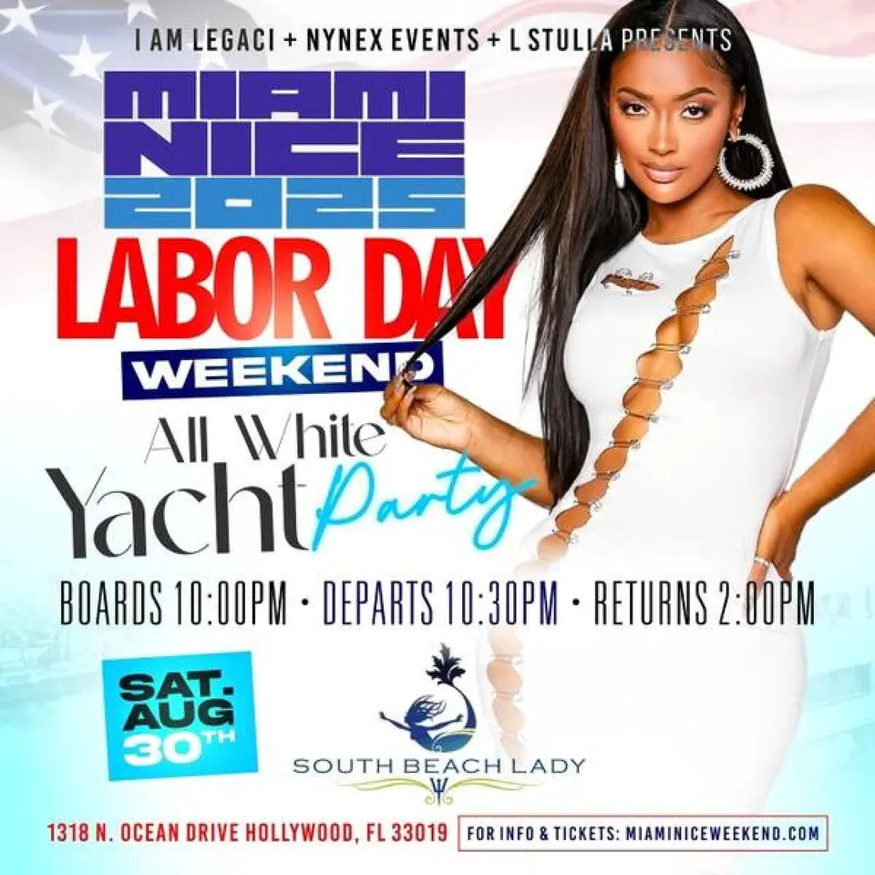 Miami Nice: Annual All White Yacht Party flyer or graphic.