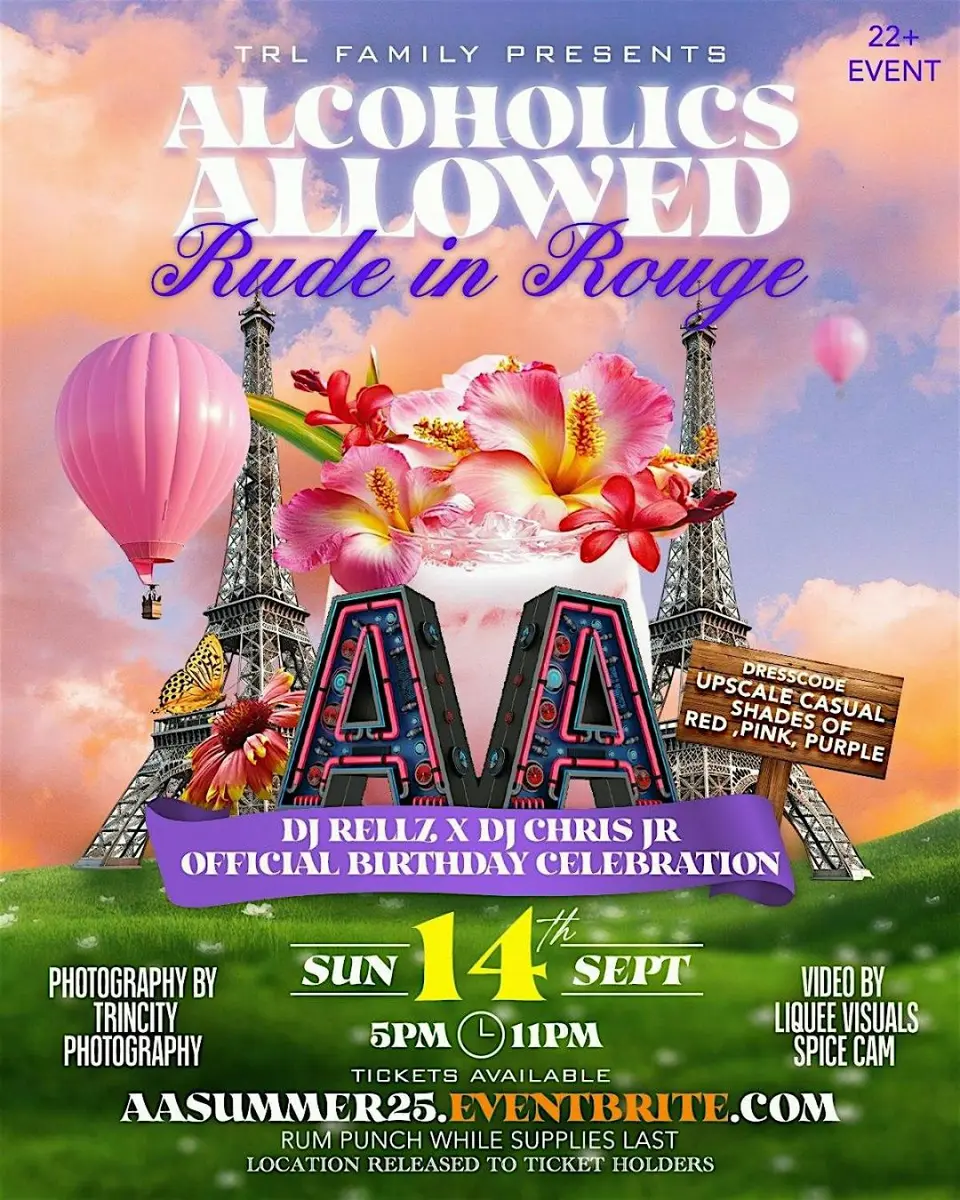 Alcoholics Allowed - Rude In Rouge flyer or graphic.