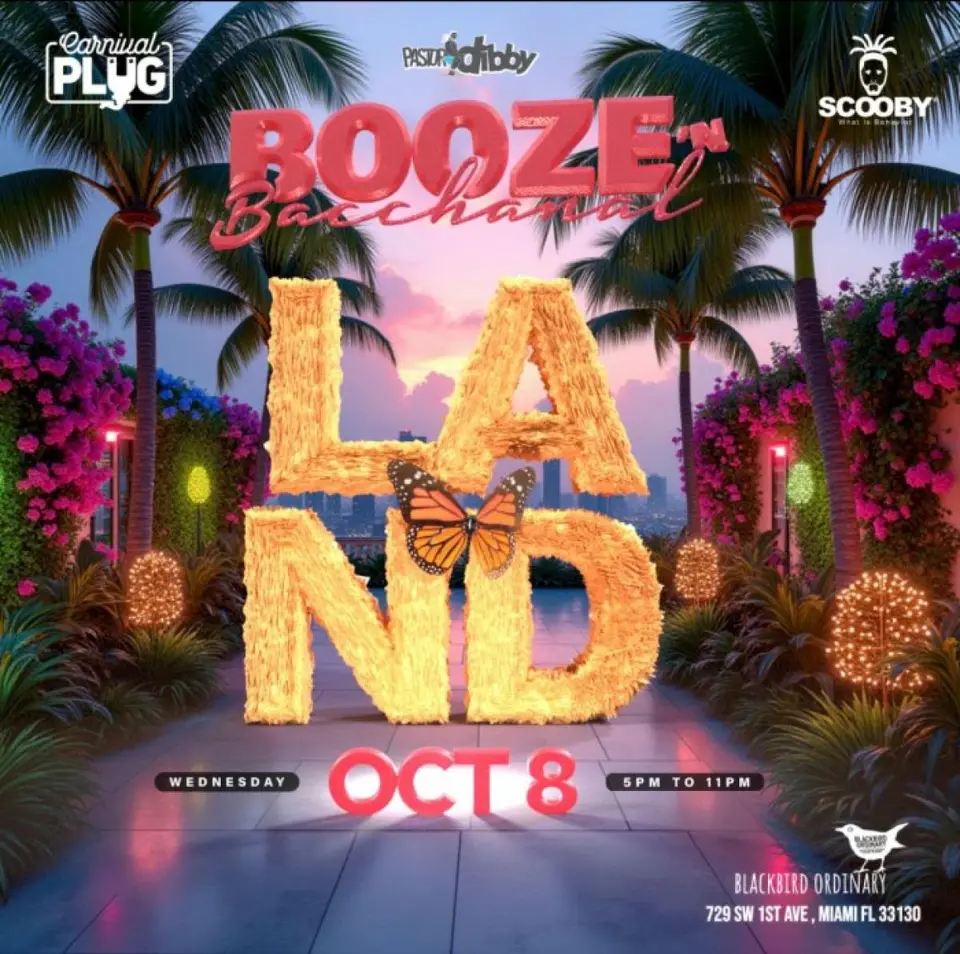 Booze & Bacchanal Land flyer or graphic.