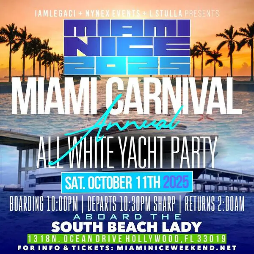 Miami Nice: Annual All White Yacht Party flyer or graphic.