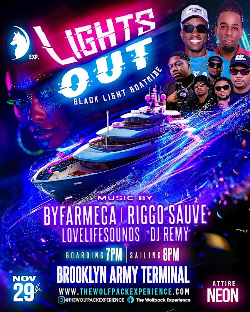 Lights Out: Black Light Boat Party flyer or graphic.
