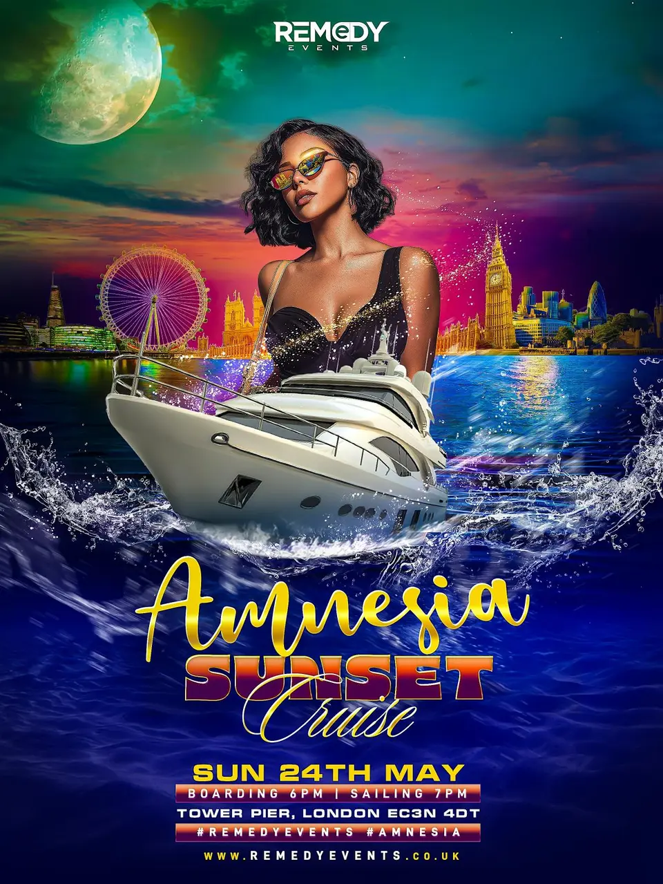 Amnesia Sunset Cruise flyer or graphic.