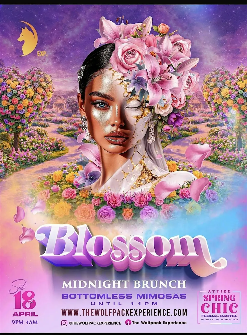 Blossom Midnight Brunch: Pastel Floral Chic flyer or graphic.