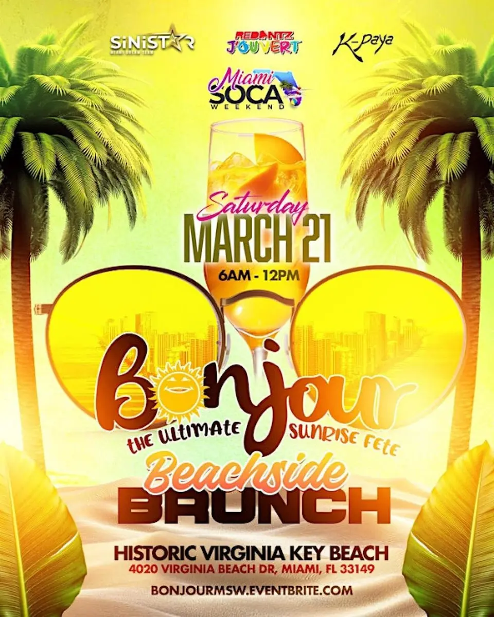 Bonjour - Beachside Brunch (Miami Soca Weekend) flyer or graphic.