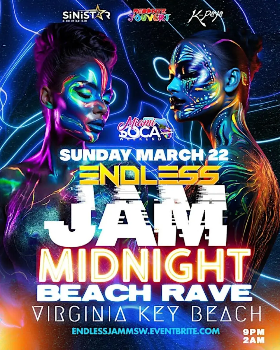 Endless Jam - Midnight Beach Rave (Miami Soca Wknd) flyer or graphic.