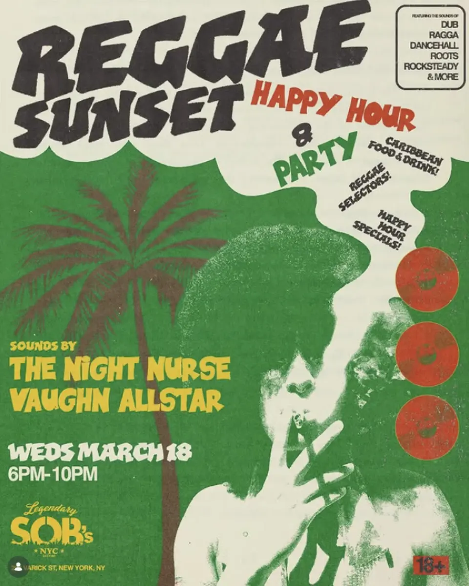 Reggae Sunset: Happy Hour & Party flyer or graphic.