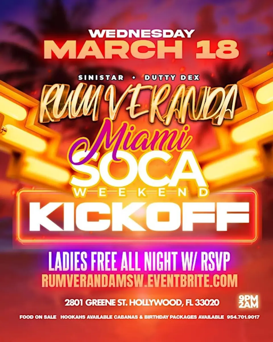Rum Veranda - Miami Soca Weekend Kick off flyer or graphic.