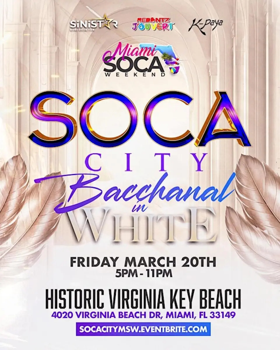 Soca City - Bacchanal In White (Miami Soca Weekend) flyer or graphic.