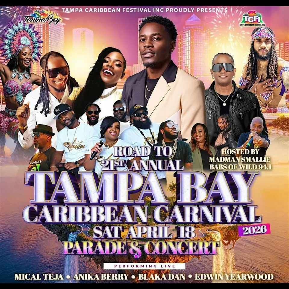 Tampa Bay Caribbean Carnival: Parade and Concert flyer or graphic.