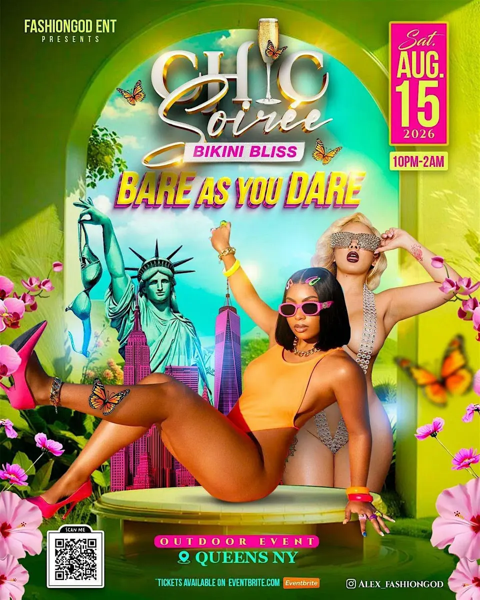 Chic Soiree Bikini Bliss flyer or graphic.