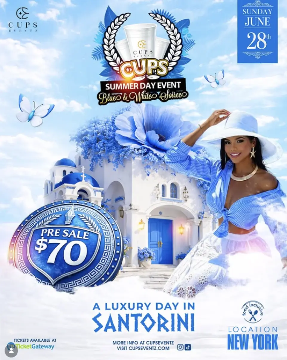 Cups Blue & White Soirée flyer or graphic.