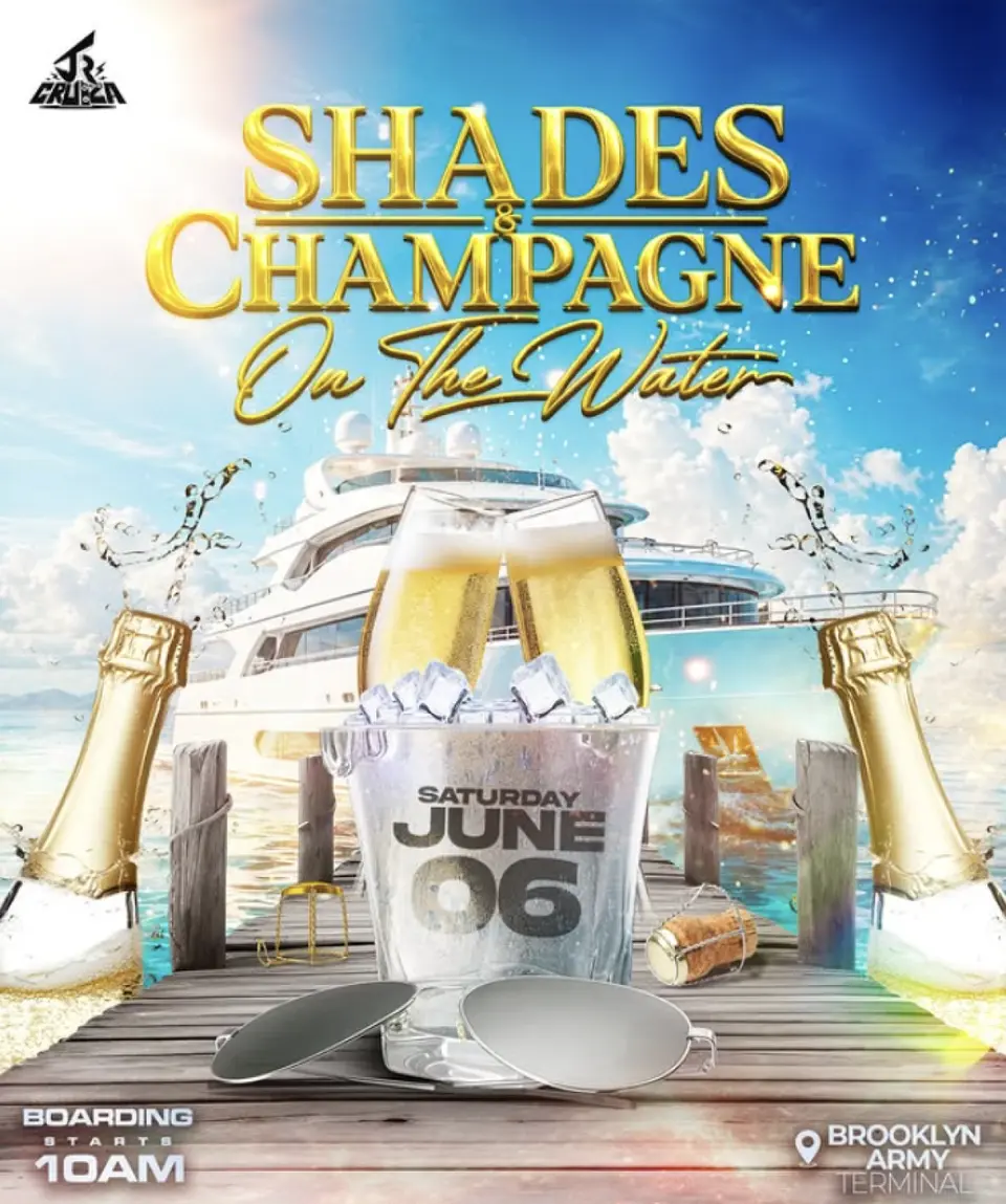 Shades And Champagne On The Water flyer or graphic.