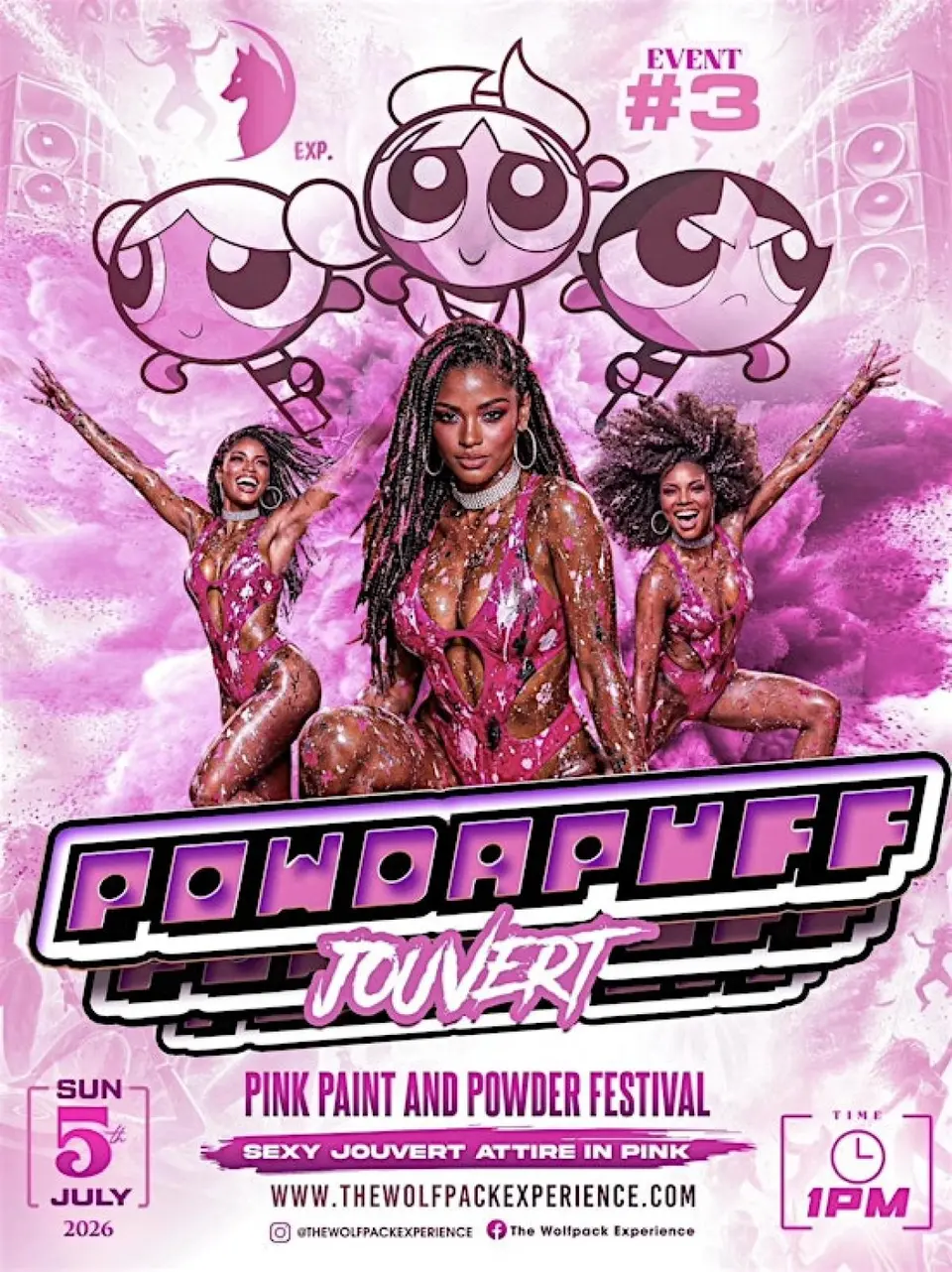 Powdapuff Jouvert: Pink Paint & Powder Festival flyer or graphic.