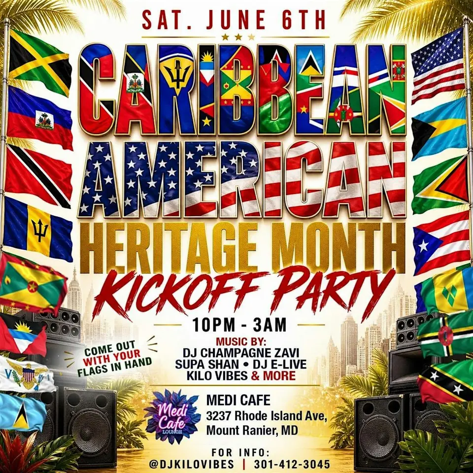 The Annual Caribbean / American Heritage Month Kick Off Party flyer or graphic.