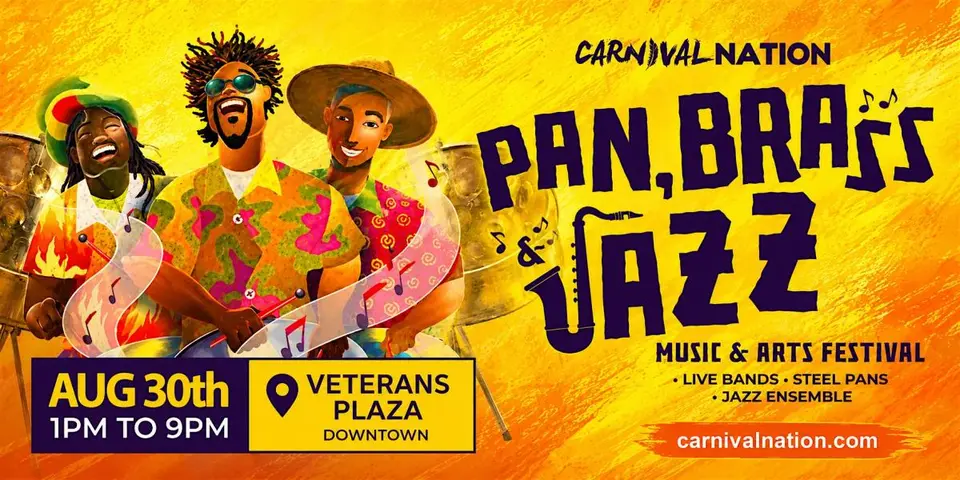 Pan, Brass & Jazz Music & Arts Festival flyer or graphic.